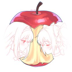 2girls absurdres akemi_homura apple apple_core appletrend artist_name bow bowtie choker closed_eyes food fruit hair_between_eyes hair_bow hairband highres kaname_madoka light_blush long_hair looking_at_another magical_girl mahou_shoujo_madoka_magica mahou_shoujo_madoka_magica_(anime) medium_hair multiple_girls parted_lips ribbon_choker short_twintails steklowataa twintails upper_body white_background yuri 