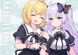  2girls :d ^_^ ahoge aqua_background arm_hug arms_at_sides assault_lily black_ribbon black_skirt blush butterfly_hair_ornament closed_eyes closed_mouth commentary cropped_jacket grey_hair hair_ornament hands_up high-waist_skirt imagawa_homare long_hair looking_at_another looking_to_the_side morugen multicolored_hair multiple_girls neck_ribbon notice_lines open_mouth pink_ribbon puffy_short_sleeves puffy_sleeves purple_hair ribbon school_uniform seike_tomoyo short_hair short_sleeves side-by-side sideways_glance skirt smile sparkle squiggle sunburst sunburst_background sweatdrop translation_request two-tone_hair two_side_up upper_body v-shaped_eyebrows wrist_ribbon yurigaoka_girls_academy_school_uniform 