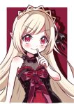  1girl bare_shoulders blonde_hair blush border breasts closed_mouth ecute fang finger_to_mouth flower gothic_lolita hair_flower hair_ornament hihkunhihkun jashin-chan_dropkick lolita_fashion long_hair looking_at_viewer pointy_ears red_background red_eyes rose shiny shiny_skin small_breasts smile solo upper_body white_border 