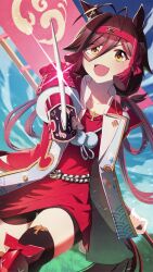  1girl animal_ears antenna_hair armor banner battle_standard black_thighhighs blue_sky blush breasts brown_hair coat commentary_request dress hair_between_eyes hair_ornament headband highres holding holding_sword holding_weapon horse_ears horse_girl horse_tail jacket japanese_armor jinbaori judo_fuu kote long_hair looking_at_viewer no_reason_(speedy_red_armor)_(umamusume) no_reason_(umamusume) open_mouth outdoors red_coat red_dress red_headband shorts_under_dress shoulder_armor sky smile sode solo sword tail thigh-highs umamusume war_banner weapon yellow_eyes 