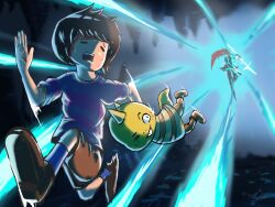  1girl 2022 2d 2others ambiguous_gender ankle_boots anthro armor armored_boots blue_shirt blue_socks boots breastplate brown_boots brown_hair brown_shoes brown_shorts buck_teeth chasing child colored_skin digital_media double_horizontal_stripe female frisk_(undertale) full_body gauntlets green_background helmet high_ponytail highres holding holding_polearm holding_spear holding_weapon horizontal-striped_clothes human lizard lizard_tail long_hair long_sleeves monster monster_girl monster_kid_(undertale) multiple_others one_eye_closed outdoors pauldrons pink_stripes polearm pongsa1000 ponytail red_hair reptile reptile_tail running scalie shirt shoes short_hair shorts socks spear striped_clothes striped_shirt sweat teeth text two-tone_shirt undertale undyne utdr_(toby_fox) weapon yellow_shirt yellow_skin yellow_stripes 