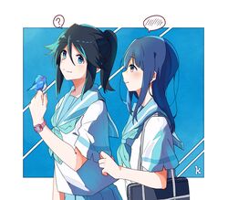  2girls animal bag bangs bird black_hair blue_bird blue_eyes blue_hair blue_neckerchief blue_sailor_collar blue_skirt blush closed_mouth haitunyoyo hand_up hibike!_euphonium highres holding holding_animal holding_bird kasaki_nozomi kitauji_high_school_uniform liz_to_aoi_tori long_hair looking_at_another multiple_girls neckerchief pink_eyes pleated_skirt sailor_collar school_bag school_uniform serafuku shirt short_sleeves skirt smile speech_bubble standing uniform watch white_shirt yoroizuka_mizore 