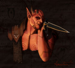  1boy amasteria armor artist_name bald brown_background chainmail chest_tattoo colored_skin commentary dagger demon demon_boy english_commentary holding holding_dagger holding_knife holding_weapon horns knife leather_armor looking_to_the_side male_focus mehrunes'_razor_(dagger) mehrunes_dagon muscular muscular_male paper_background pointy_ears red_eyes red_skin shoulder_armor signature slit_pupils tattoo the_elder_scrolls the_elder_scrolls_iv:_oblivion topless_male upper_body weapon 