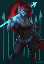  1girl 2023 2d abs anthro aqua_background armpit artist_name ben-day_dots black_eyepatch black_tank_top blue_pants blue_skin breasts carrying carrying_over_shoulder claws cleavage clip_studio_paint_(medium) colored_sclera colored_skin colored_teeth commentary contrapposto cowboy_shot dark dark_background digital_media ear_fins earrings english_commentary eyepatch female female_only fins fish fish_girl from_above glowing glowing_weapon head_fins high_ponytail highres holding holding_polearm holding_spear holding_weapon legs_apart long_hair looking_at_viewer making-of_available midriff monster monster_girl moondo9 multiple_earrings pants polearm ponytail red_hair scar screentones sharp_teeth simple_background slit_pupils solo spear standing tank_top teeth toned toned_female torn_clothes torn_pants undertale undyne utdr_(toby_fox) weapon yellow_sclera yellow_teeth 