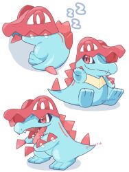  blue_skin claws closed_mouth colored_skin commentary_request cosplay crocodilian feraligatr hood kana_(maple926) mega_feraligatr mega_feraligatr_(cosplay) multiple_views no_humans open_mouth pokemon pokemon_(creature) pokemon_focus red_eyes sharp_teeth simple_background tape teeth totodile 