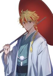  1boy absurdres alternate_costume blonde_hair blue_kimono braid commentary_request fate/strange_fake fate_(series) hair_between_eyes hair_over_shoulder highres holding holding_umbrella japanese_clothes kimono long_hair long_sleeves looking_to_the_side male_focus multicolored_hair obi oil-paper_umbrella red_eyes red_hair red_umbrella richard_i_(fate) sash sideways_glance simple_background solo streaked_hair tj0yzi0vrkl7gny umbrella upper_body white_background white_kimono wide_sleeves yukata 