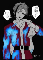  1boy blood blood_on_clothes blue_blood coat commentary_request floyd_leech heterochromia highres holding holding_sack looking_at_viewer male_focus mitsuro_illust red_coat sack santa_costume short_hair simple_background solo spot_color translation_request twisted_wonderland upper_body white_background 