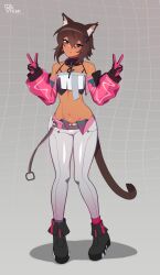  1boy absurdres arknights arknights:_endfield arms_up bare_shoulders belt black_gloves black_shoes blue_eyes brown_hair bulge cat_boy cosplay crop_top dark-skinned_male dark_skin detached_sleeves double_v full_body gloves grid_background hair_between_eyes hair_ornament highres legs long_sleeves looking_at_viewer matemi navel original oskar_(coffee.png) puffy_long_sleeves puffy_sleeves shadow shoes short_hair simple_background stomach thighs v yvonne_(arknights) yvonne_(arknights)_(cosplay) 
