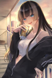  1girl absurdres against_railing beer_can black_hair black_jacket blue_eyes can commentary_request crop_top drink_can grey_hair highres hololive hololive_dev_is jacket juufuutei_raden long_hair midriff multicolored_hair navel railing sunset two-tone_hair virtual_youtuber zerohachi 