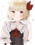  1girl ascot bangs blonde_hair hair_ribbon highres looking_at_viewer nano_(nazuna0512) open_mouth red_ascot red_eyes red_ribbon ribbon rumia short_hair short_sleeves simple_background solo touhou upper_body white_background 