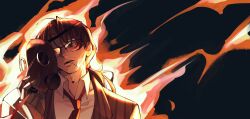  1boy brown_hair burning chinese_commentary cigarette collared_shirt commentary_request curtained_hair fire firefist_office_(identity)_(project_moon) gas_mask glasses glowing gregor_(project_moon) head_tilt highres holding holding_mask jacket limbus_company looking_at_viewer low_ponytail male_focus mask necktie nobunobanobu open_mouth ponytail project_moon red_necktie shirt slit_pupils solo striped_clothes striped_jacket striped_vest vest white_shirt yellow_eyes 