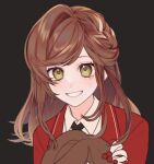  1girl :d bangs black_background brown_hair collared_shirt green_eyes grin hair_ornament jacket long_hair long_sleeves looking_at_viewer red_jacket rosa_(tears_of_themis) shirt shugari100 simple_background smile solo tears_of_themis teeth white_shirt 