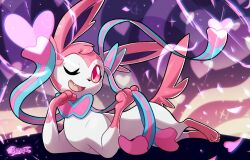  :d animal_focus bow closed_eyes commentary_request fang full_body heart looking_at_viewer lying no_humans on_stomach one_eye_closed open_mouth pink_eyes pink_fur pokemon pokemon_(creature) pokemon_focus purple_background ribbon sifyro simple_background smile solo sylveon two-tone_fur white_fur 