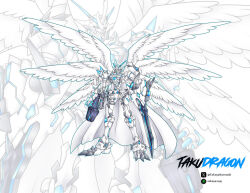  1boy alternate_form angel_wings arm_blade arm_cannon armor artist_name blade_arm blue_eyes cape deviantart_username digimon digimon_(creature) digimon_adventure digimon_adventure:_bokura_no_war_game digimon_adventure_tri. digimon_crest digital_monster_x-evolution feathered_wings feathers fusion glowing_lines horns looking_at_viewer mecha multiple_horns multiple_wings neon_trim no_humans omegamon omegamon_merciful_mode omegamon_x-antibody robot seraph shoulder_armor shoulder_spikes solo spikes sword takuya2295 twitter_username weapon white_armor white_cape white_feathers white_wings wings 