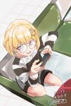  1girl bangs blonde_hair blue_eyes controller couch earrings game_controller glasses hair_ornament highres hololive hololive_english jewelry long_sleeves monocle_hair_ornament nail_polish playing_games solo virtual_youtuber vvvvvvvvin watson_amelia 