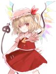  1girl ascot bangs blonde_hair closed_mouth cowboy_shot crystal flandre_scarlet hat highres laevatein_(touhou) looking_at_viewer mob_cap one_side_up red_eyes red_skirt red_vest short_hair simple_background skirt smile solo standing tamarie_amareto touhou vest white_background white_headwear wings yellow_ascot zun_(style) 
