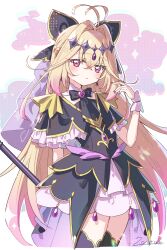  1girl antenna_hair black_bow black_capelet black_dress blonde_hair bow brooch capelet commentary cure_arcana_shadow diamond_hairband dress frilled_capelet frilled_cuffs frills gradient_hair hair_intakes heart heart_brooch highres holding holding_rod jewelry long_hair looking_at_viewer magical_girl meitantei_precure! moria_luluka multicolored_hair precure purple_veil purple_wrist_cuffs rod solo tear_arcana_rod veil violet_eyes wrist_cuffs zoirun 