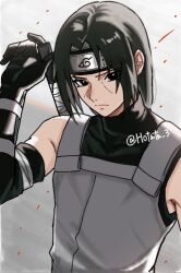  1boy bare_shoulders black_eyes black_gloves black_headband black_shirt closed_mouth commentary_request elbow_gloves facial_mark gloves grey_vest headband hotata_3 konohagakure_symbol light_frown looking_at_viewer male_focus naruto_(series) parted_bangs shirt simple_background sleeveless sleeveless_turtleneck solo sword sword_on_back turtleneck turtleneck_shirt uchiha_itachi upper_body vest weapon weapon_on_back 