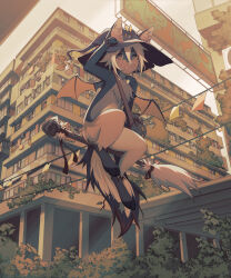  air_conditioner animal_ear_fluff apartment billboard broom broom_riding building clothesline commission demon_wings ev-oo flying furry grey_fur hat highres leaf looking_at_viewer medium_hair open_mouth open_window original outdoors sitting solo tail tree white_fur white_hair window wings witch witch_hat 