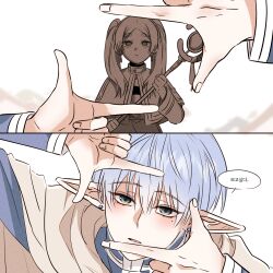  1boy 1girl alternate_species blue_eyes blue_hair cape closed_mouth commentary_request earrings elf frieren frifri1213 highres himmel_(sousou_no_frieren) holding holding_staff jewelry korean_commentary korean_text long_hair mage_staff mole mole_under_eye open_mouth pointy_ears short_hair simple_background sousou_no_frieren species_switch staff statue teardrop_earrings twintails white_background white_cape 