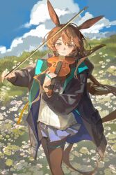  1girl amiya_(arknights) animal_ears arknights black_coat blue_eyes blue_skirt blue_sky blush bow_(music) brown_hair brown_pantyhose clouds coat commentary english_commentary feet_out_of_frame flower highres hill holding holding_bow_(music) holding_instrument holding_violin instrument jewelry long_hair long_sleeves looking_at_viewer multiple_rings music outdoors pantyhose playing_instrument pleated_skirt procreate_(medium) rabbit_ears ring shirt signature skirt sky smile solo very_long_hair violin white_flower white_shirt you_yeyou0904 