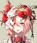  1girl absurdres brown_eyes expressionless eyeshadow flower grey_background highres looking_at_viewer makeup medium_hair multicolored_eyes nijisanji nijisanji_en pink_eyes pink_eyeshadow pink_hair red_flower red_rose rose rosemi_lovelock shirt short_sidetail solo thorns virtual_youtuber white_flower white_rose white_shirt ysoroth 