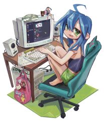  1girl :3 :d academic_test ahoge backpack bag bakemonogatari barefoot bear blue_hair carpet cd chair commentary computer_keyboard computer_mouse crt desk diorama discord electrical_outlet english_commentary feet figure flea_(artist) gaming_chair green_eyes green_shorts hachikuji_mayoi highres izumi_konata knees_to_chest long_hair looking_at_viewer lucky_star mole mole_under_eye monogatari_(series) power_strip shorts simple_background smile solo speaker suzumiya_haruhi suzumiya_haruhi_no_yuuutsu swivel_chair toes white_background 