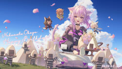  4girls ahoge animal_ear_fluff animal_ears black_hair black_hoodie blue_sky bouquet brown_hair cat_ears cat_girl cat_tail character_name cherry_blossoms chibi clouds commentary_request cropped_hoodie dated dog_ears dog_girl english_text fangs floating flower food fox_ears fox_girl fox_tail gift grass happy_birthday hidari_yuuko highres hololive hololive_gamers hood hoodie inugami_korone inugami_korone_(1st_costume) kneeling midriff multiple_girls navel nekomata_okayu nekomata_okayu_(1st_costume) onigiri onigirya_(nekomata_okayu) ookami_mio ookami_mio_(1st_costume) open_mouth outdoors pants petals purple_hair seiza shirakami_fubuki shirakami_fubuki_(1st_costume) sidelocks sitting sky smile tail violet_eyes virtual_youtuber white_hair white_pants wolf_tail 
