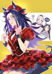  3girls animal_ears beret black_hair black_sleeves black_wrist_cuffs blunt_bangs blush bow braid breasts brown_hair brown_hat commentary_request crossed_arms ear_covers ears_through_headwear fenomeno_(umamusume) flipped_hair gold_ship_(umamusume) grey_hair grey_shirt hand_fan hat highres hokko_tarumae_(umamusume) holding holding_fan horse_ears horse_girl horse_tail jacket long_hair multicolored_hair multiple_girls open_mouth paper_fan pillbox_hat purple_hair quro914803 red_jacket red_skirt shirt short_sleeves skirt smile tail twin_braids uchiwa umamusume violet_eyes white_hair white_shirt wrist_cuffs 