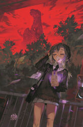  1girl absurdres bag black_bag black_hair black_necktie black_sweater cellphone closed_eyes commentary english_commentary fence giant giant_monster godzilla godzilla_(series) godzilla_(shin) grey_skirt headphones highres holding holding_phone kaiju listening_to_music long_hair monster necktie open_mouth original outdoors phone red_sky roly_poly_(aulischeung) shin_godzilla shoulder_bag skirt sky smartphone smile standing sweater 