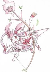  animal_focus bow bow_(weapon) closed_mouth commentary_request cosplay dress full_body gloves highres kaname_madoka kaname_madoka_(cosplay) looking_at_viewer mahou_shoujo_madoka_magica no_humans pink_dress pink_fur pokemon pokemon_(creature) pokemon_focus puffy_short_sleeves puffy_sleeves red_bow ribbon shimizuremi1122 short_sleeves simple_background smile solo standing sylveon two-tone_fur weapon white_background white_fur white_gloves 