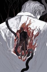  1boy albert_wesker back-to-back bare_tree burning facing_viewer fire full_body hair_slicked_back highres long_sleeves male_focus multiple_views resident_evil serious short_hair snake standing sunglasses tree turtleneck xianyu_chuan 