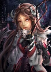  1girl absurdres animal_ears arknights black_gloves brown_hair commentary_request curled_horns eyjafjalla_(arknights) fingerless_gloves gloves goggles highres holding holding_staff horns jacket kayjae long_hair long_sleeves looking_at_viewer mask mask_around_neck red_lips respirator sheep_ears sheep_girl sheep_horns solo staff torn_clothes unworn_goggles upper_body 
