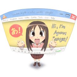  1girl :d absurdres azumanga_daioh azumanga_daioh's_school_uniform brown_eyes brown_hair commentary eminarts503 english_commentary english_text full_body hands_up highres kasuga_ayumu long_sleeves looking_at_viewer media_player_interface microsoft_windows open_mouth pink_shirt sailor_collar school_uniform serafuku shirt simple_background smile solo standing traffic_cone user_interface vlc_media_player white_background white_sailor_collar window_(computing) windows_11 winter_uniform 