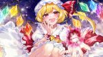  ascot blonde_hair collared_shirt crystal crystal_wings energy_ball fang flandre_scarlet frilled_shirt_collar frilled_skirt frilled_sleeves frills hat hat_ribbon highres katayama_kei looking_at_viewer mob_cap open_mouth puffy_short_sleeves puffy_sleeves red_eyes red_ribbon red_skirt red_vest ribbon shirt short_hair short_sleeves skirt skirt_set slit_pupils smile touhou vest white_headwear white_shirt wings yellow_ascot 