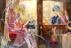  1boy 1girl aristocratic_clothes bitter_rabbit blonde_hair blue_eyes blue_hair blue_ribbon chinese_commentary ciel_phantomhive commentary_request cousins dated dress elizabeth_ethel_cordelia_midford eyepatch frilled_dress frilled_hairband frills full_body gloves green_eyes hairband highres jacket kuroshitsuji long_sleeves lus4099 neck_ribbon ribbon shirt short_hair sitting suit_jacket thigh-highs twintails twitter_username victorian white_gloves white_shirt white_thighhighs 