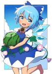  1girl absurdres bangs barefoot blue_bow blue_dress blue_eyes blue_hair blue_sky bow cirno clouds dress flower food fruit hair_bow highres holding holding_food ice ice_wings looking_at_viewer miz_(mizillustration) open_mouth pinafore_dress polka_dot puffy_short_sleeves puffy_sleeves short_hair short_sleeves sky solo sunflower tanned_cirno teeth touhou upper_teeth watermelon wings 
