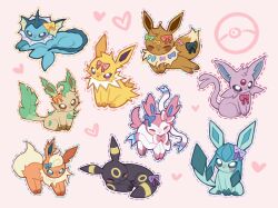  animal_focus black_eyes black_fur blue_bow blue_eyes blue_fur bow bright_pupils brown_eyes brown_fur chibi closed_eyes eevee espeon facial_mark fins fish_tail flareon forehead_jewel forehead_mark full_body glaceon green_fur head_fins highres jolteon leaf leafeon looking_at_viewer neck_fur no_humans orange_bow orange_fur pink_background pink_bow pink_fur pokemon pokemon_(creature) pokemon_focus purple_bow purple_fur ribbon selcian_bun sidelocks simple_background sitting sleeping spiked_tail standing sylveon tail umbreon vaporeon violet_eyes white_fur white_pupils yellow_fur 