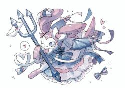  animal_focus bat_wings black_bow bow bright_pupils closed_mouth clothed_pokemon commentary_request dress dress_bow fang full_body grey_eyes looking_at_viewer no_humans one_eye_closed pink_fur pink_ribbon pokemon pokemon_(creature) pokemon_focus polearm ribbon shimizuremi1122 simple_background skin_fang solo standing sylveon trident two-tone_fur weapon white_background white_dress white_fur white_pupils wings 