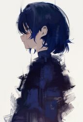  1girl absurdres androgynous blue_eyes blue_hair blue_shirt crying crying_with_eyes_open from_side grey_background hair_between_eyes hair_intakes highres long_bangs looking_ahead loose_hair_strand open_mouth original parted_lips profile shirt short_hair sidelocks simple_background solo tea_(teahrii) teardrop tears turtleneck upper_body 