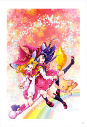  2girls :d absurdres artbook asahina_mirai black_socks blonde_hair blunt_bangs border bow bow_legwear bowtie broom broom_riding capelet floating_hair hat hat_bow highres holding_hands interlocked_fingers izayoi_liko kamikita_futago kneehighs layered_skirt light_particles long_hair long_sleeves looking_at_another looking_back magic_school_uniform_(mahou_girls_precure!) mahou_girls_precure! mary_janes medium_hair miniskirt mofurun_(precure) multiple_girls official_art open_mouth outstretched_leg pink_bow pink_bowtie pink_capelet pink_hat pink_skirt plaid_bow plaid_bowtie plaid_clothes precure purple_hair rainbow red_shoes scan school_uniform shirt shoes skirt smile socks sparkle stuffed_animal stuffed_toy suspender_skirt suspenders teddy_bear third-party_source white_border white_shirt witch_hat 