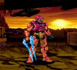  1boy alternate_color black_gloves clenched_hand energy_sword gloves halo_(series) holding holding_sword holding_weapon kdekercy male_focus master_chief metroid pixel_art power_armor samus_aran solo spartan_(halo) sunset sword type-1_energy_sword visor weapon 