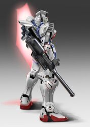  beam_cannon beam_shield commentary_request earth_federation energy_barrier energy_shield glowing glowing_eyes gradient_background green_eyes gundam highres mecha mecha_focus mobile_suit no_humans realistic robot science_fiction seotaku_(kyokkou) v-fin v_gundam victory_gundam victory_gundam_hexa weapon 