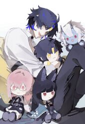  1boy absurdres asaba_harumasa black_choker black_hair black_pants character_doll choker commentary_request doll from_side gloves headband highres holding holding_doll hoshimi_miyabi looking_at_viewer male_focus open_mouth pants parted_bangs shirt short_hair simple_background sitting sleeves_rolled_up solo soukaku_(zenless_zone_zero) tsukishiro_yanagi white_background white_shirt yellow_eyes yellow_gloves yellow_headband yiyihongxue09456 zenless_zone_zero 