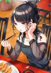  1girl bangs bare_shoulders black_hair blue_dress blunt_bangs blurry blurry_background bokeh bracelet chair chopsticks depth_of_field detached_sleeves dress dumpling food hand_up highres holding holding_food idolmaster idolmaster_shiny_colors jewelry kazano_hiori ketchup long_hair necklace open_mouth piroshiki123 plant plate ponytail restaurant sitting solo strapless strapless_dress table violet_eyes 