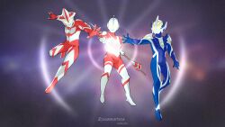 3boys :d alien arm_guards arm_up armor artist_name blue_skin closed_mouth color_timer colored_skin commentary compound_eyes dated dorsal_fin english_commentary expressionless full_body glowing glowing_chest glowing_eyes grey_background hand_up highres holding holding_polearm holding_weapon in-franchise_crossover lance leg_up lens_flare looking_at_another looking_at_viewer male_focus melos_(ultra_series) midair multicolored_skin multiple_boys no_pupils open_hand open_mouth outstretched_arm outstretched_hand pectorals pointy_ears polearm red_skin shoulder_armor side-by-side silver_skin simple_background smile soumarhea split_mouth spread_fingers studs the_ultraman_(manga) tokusatsu toned toned_male trait_connection twitter_username two-tone_skin ultra_series ultraman_(1st_series) ultraman_hikari ultraman_mebius_(series) weapon yellow_eyes zoffy_(ultra_series)