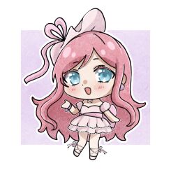  1girl back_bow bare_shoulders blue_eyes border bow bracelet bug butterfly butterfly_choker chibi colored_eyelashes commentary commission detached_sleeves dot_nose dress earrings english_commentary hand_up happy hat hat_ribbon highres jewelry lace-trimmed_dress lace_trim large_bow leg_ribbon light_blush long_hair nonoberry22 open_mouth original outline outside_border pink_bow pink_dress pink_hair pink_hat pink_ribbon pink_shoes pink_sleeves pleated_dress pom_pom_(clothes) pom_pom_earrings puffy_short_sleeves puffy_sleeves purple_background ribbon shoes short_sleeves smile solo strapless strapless_dress very_long_hair vgen_commission wavy_hair white_border white_outline 