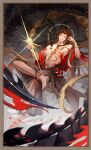  1boy absurdres asura_(onmyoji) bare_pectorals black_hair bracelet crossed_legs dark_skin earrings facial_mark highres japanese_clothes jewelry jingyimeng male_focus mask multicolored_hair onmyoji onmyouji pectorals red_eyes solo two-tone_hair 