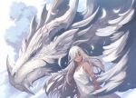  1girl bandaid bandaid_on_face blue_eyes dark-skinned_female dark_skin dragon dress fantasy feathers from_side horns long_hair looking_at_viewer original parted_lips saeldam western_dragon white_background white_dress white_hair wind 