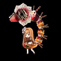  1girl apollo_chocolate artist_name black_background cream dessert doppel_(madoka_magica) doughnut food highres kuro_ink magia_record:_mahou_shoujo_madoka_magica_gaiden magical_girl mahou_shoujo_madoka_magica megumi_moka simple_background solo twitter_username 